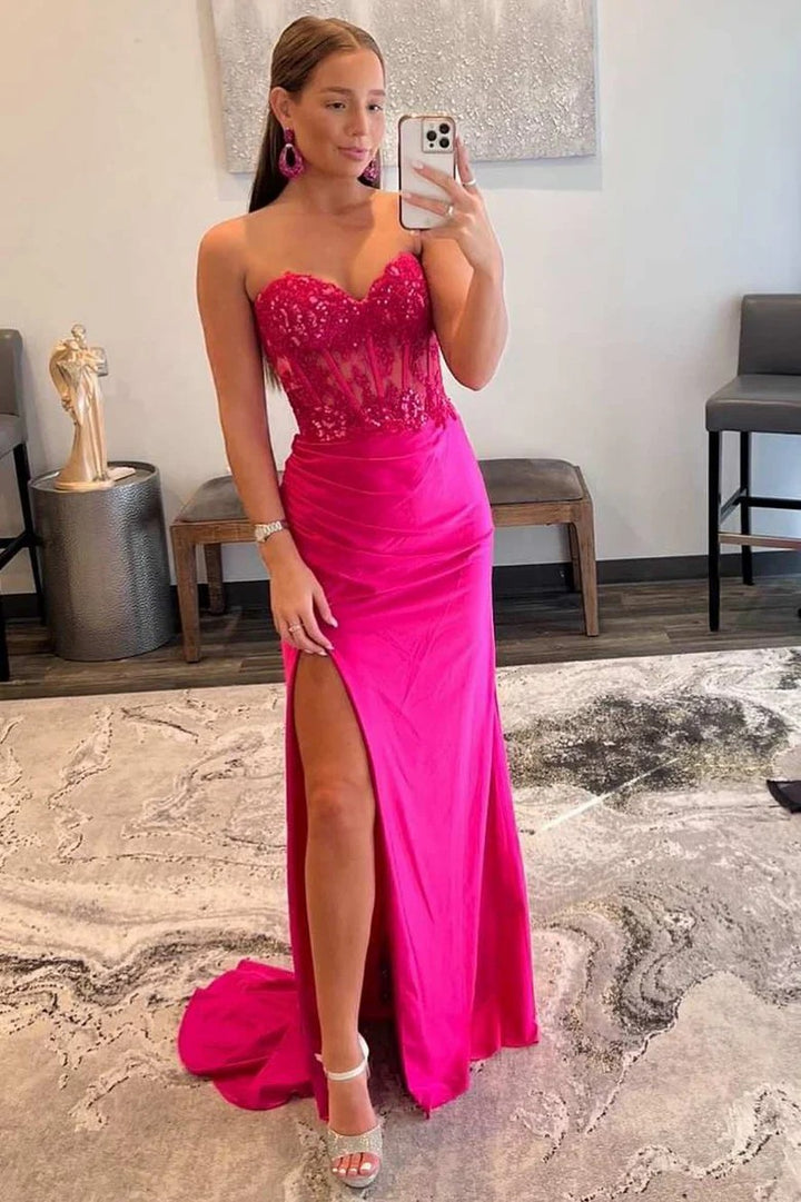 Lumidress Hot Pink Lace Applique Strapless Sheath Prom Dress with Slit
