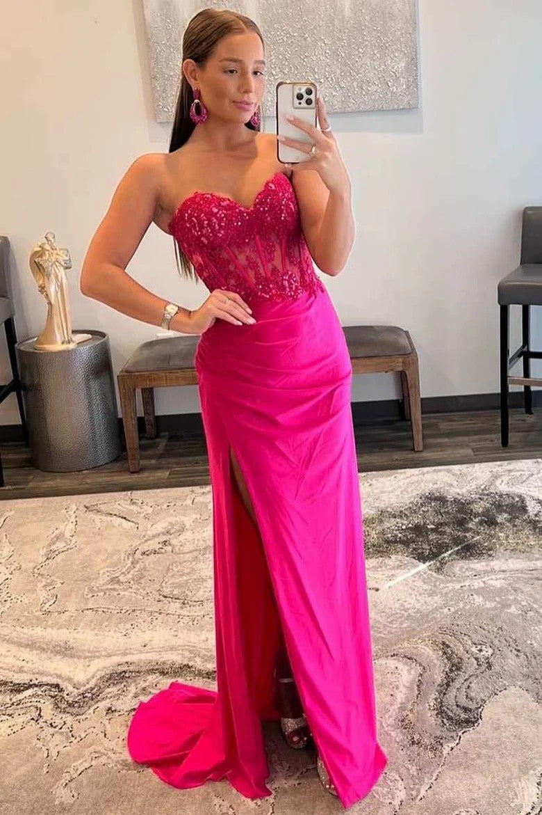 Lumidress Hot Pink Lace Applique Strapless Sheath Prom Dress with Slit