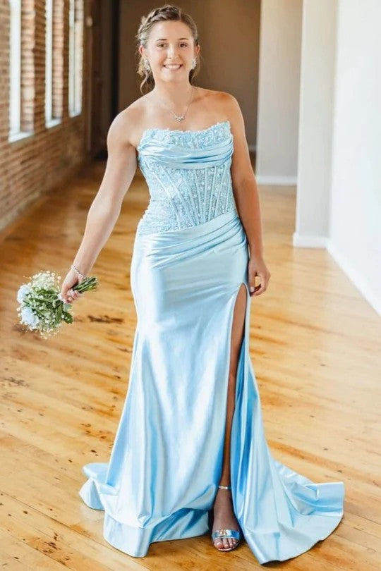 Lumidress Strapless Scoop Neck Pleated Mermaid Long Prom Dress with High Slit
