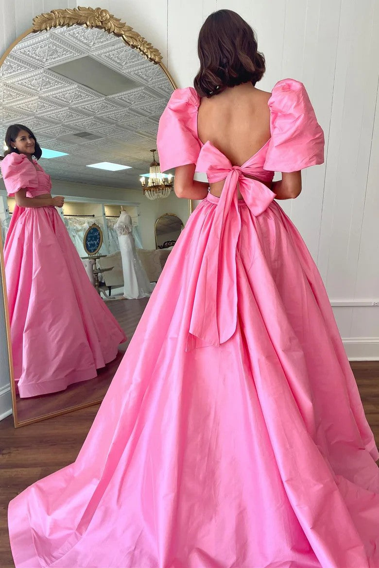 Lumidress Stylish Two-Piece Green Puff Sleeve Formal Dress with Tie-Back Detail