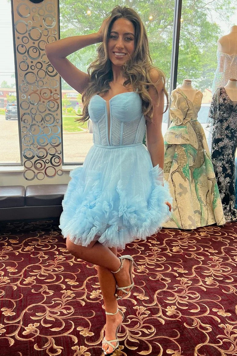 Lumidress Romantic Tulle Ruffled A-Line Short Dress with Spaghetti Straps