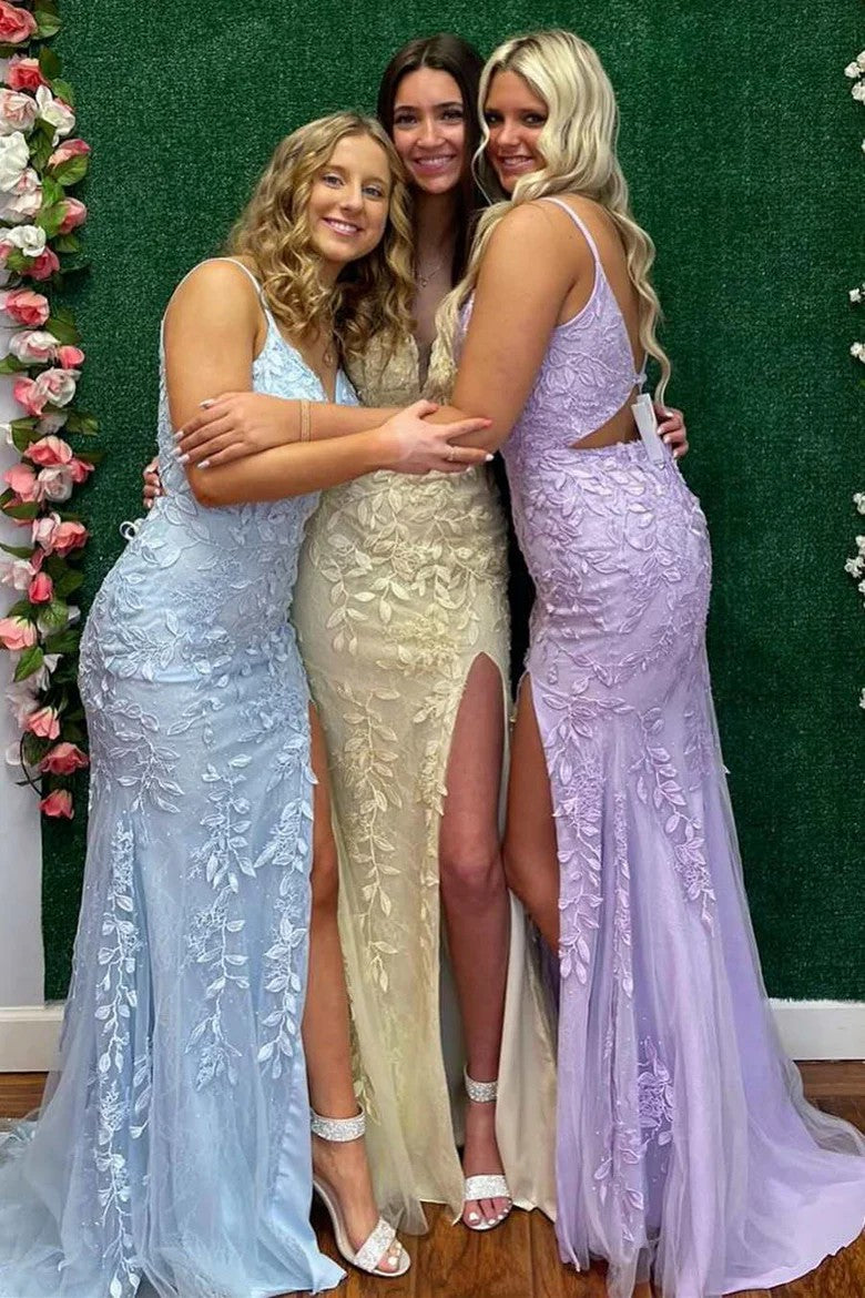 Lumidress Elegant V-Neck Floral Applique Mermaid Formal Dress with Slit