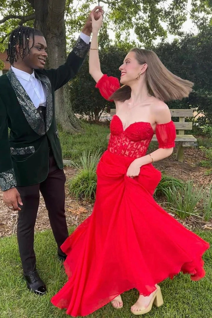 Lumidress Elegant Chiffon A-Line Prom Dress with Puff Sleeves and Floral Appliqué