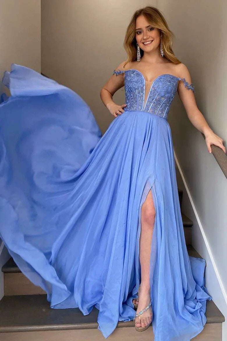 Lumidress Periwinkle Off-Shoulder V-Neck A-Line Princess Prom Dress