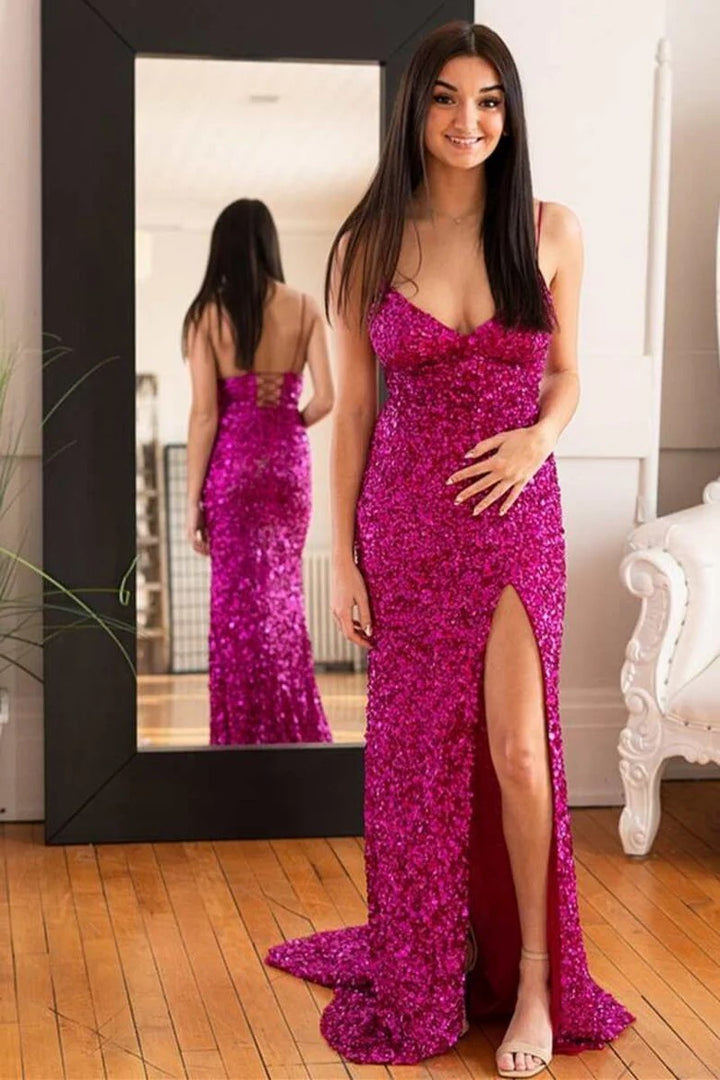 Lumidress Sparkling Spaghetti Straps V-Neck Sequins Prom Dress