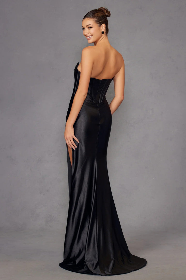 Lumidress Sheath/Column Black Satin Strapless Corset Slit Gown