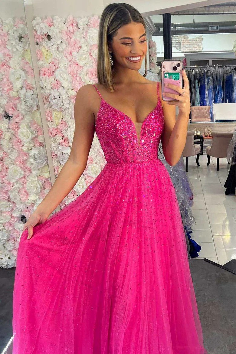 Lumidress Fuchsia Beaded Tulle V-Neck A-Line Prom Dress with Sparkling Details