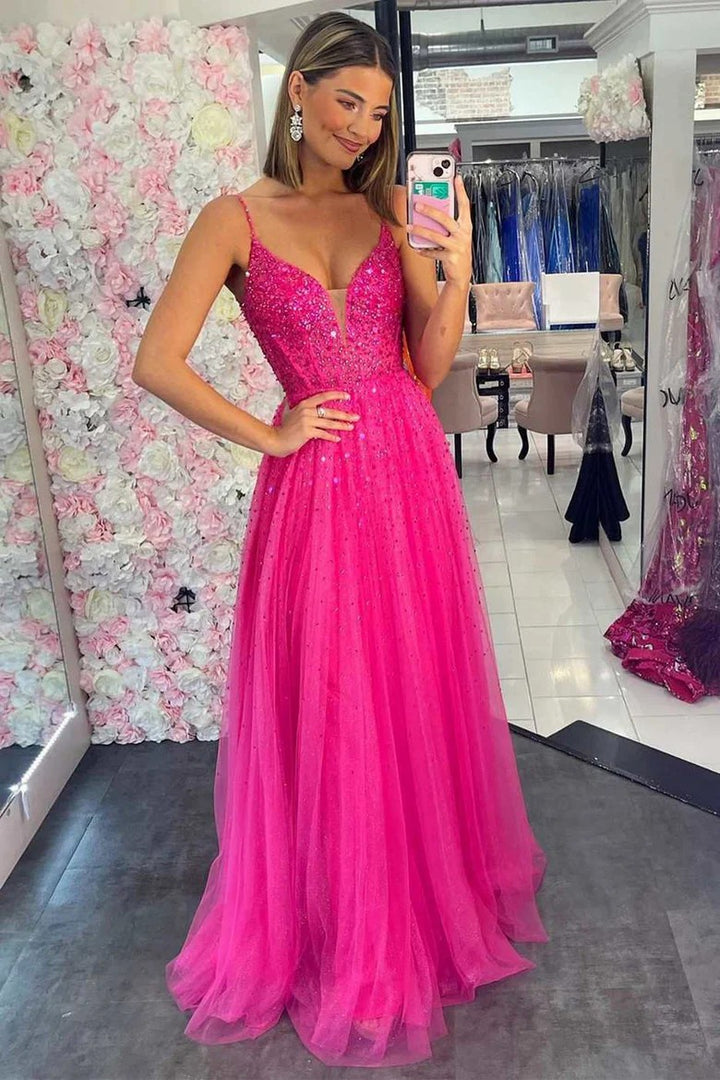 Lumidress Fuchsia Beaded Tulle V-Neck A-Line Prom Dress with Sparkling Details