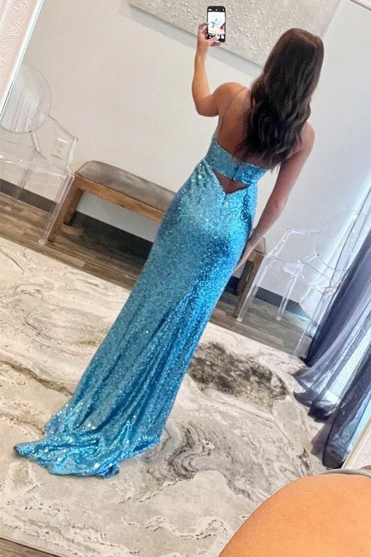 Lumidress Sequin Keyhole Strap Mermaid Long Prom Dress with High Slit