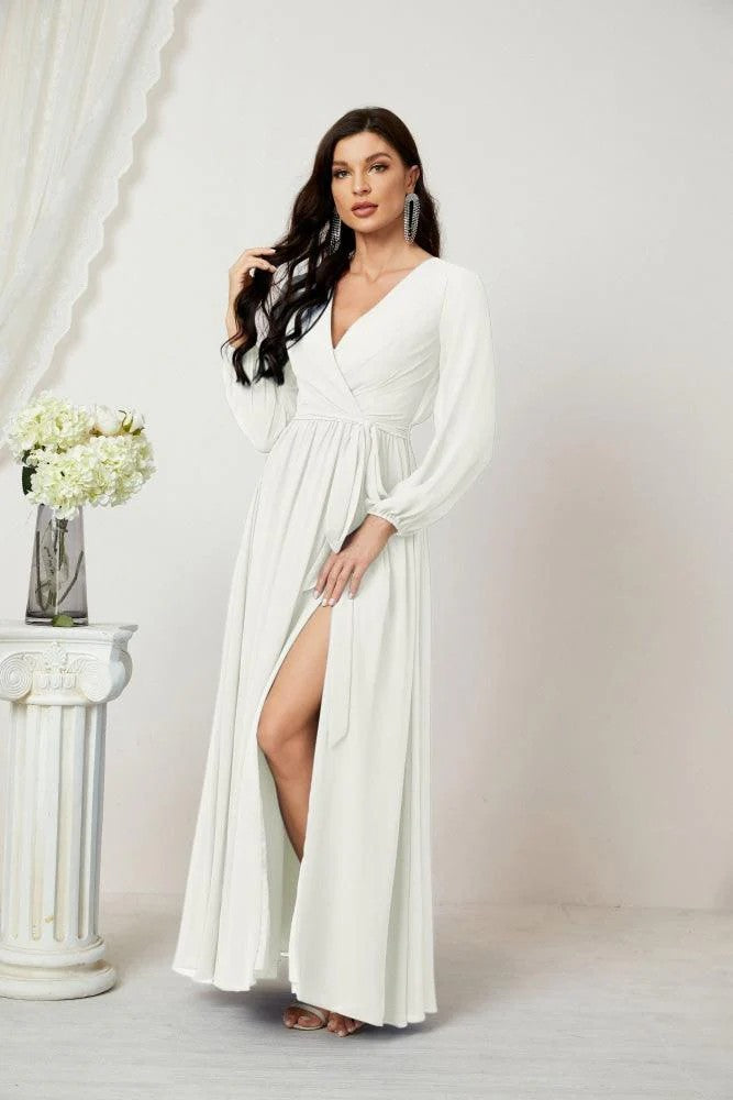 Lumidress Deep V-Neck Chiffon Evening Dress with Bishop Sleeves &amp; Side Slit