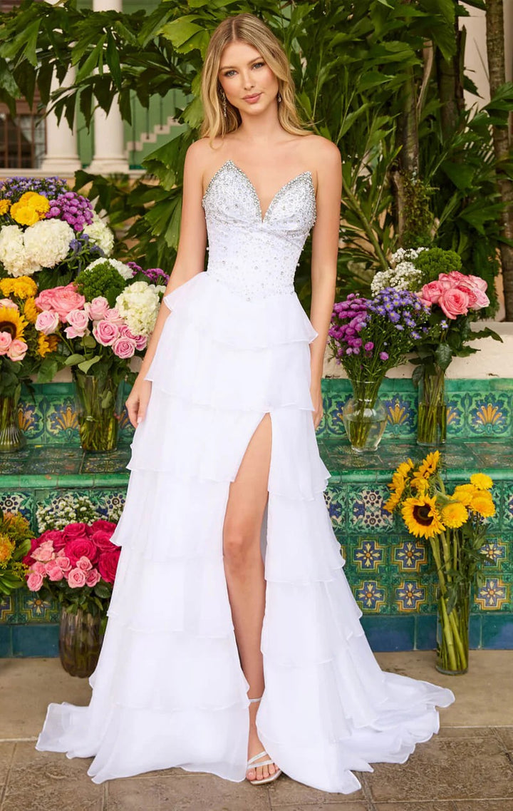 Lumidress Graceful V-Neck Tiered Ruffle Chiffon Formal Gown with Beaded Accents