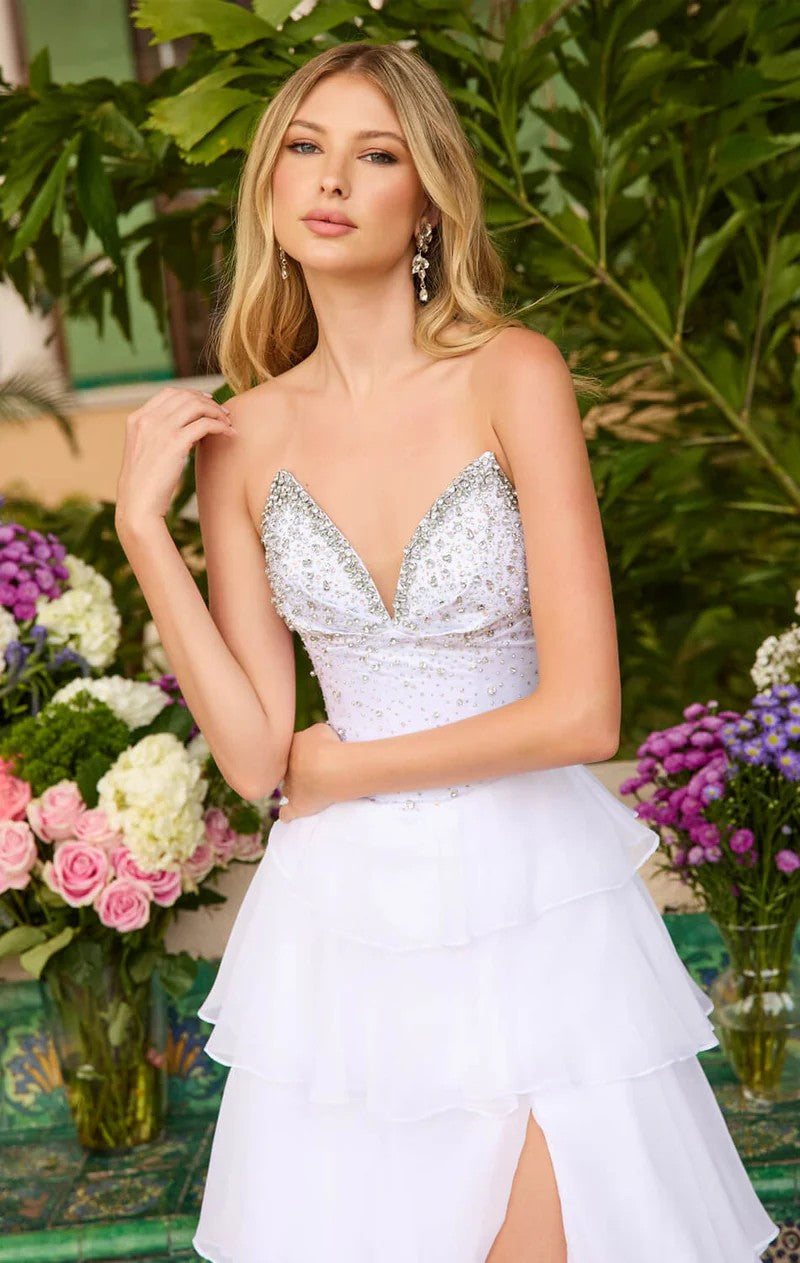 Lumidress Graceful V-Neck Tiered Ruffle Chiffon Formal Gown with Beaded Accents
