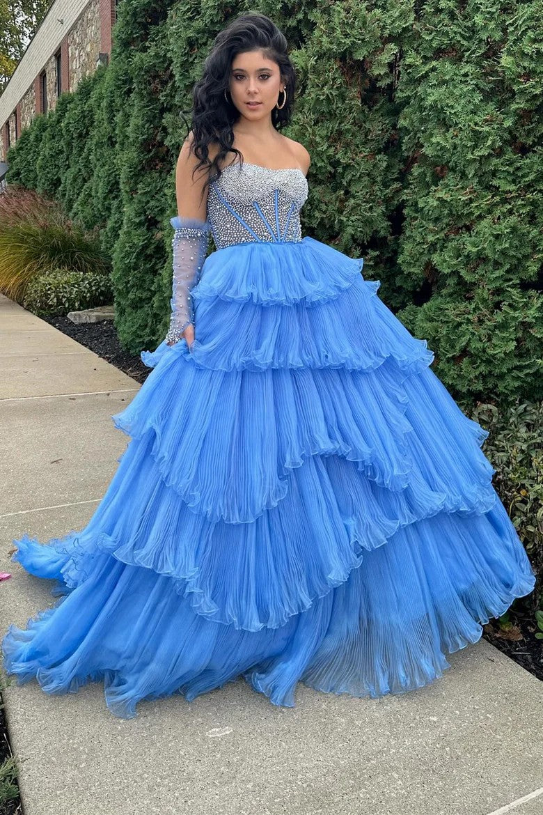 Lumidress White Tiered Tulle Off-Shoulder Ball Gown with Beaded Bodice