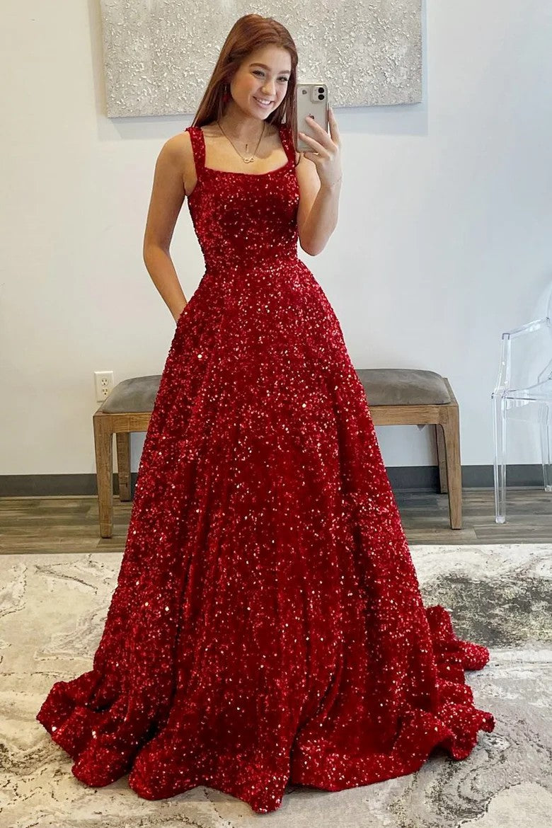 Lumidress Sparkling Sequin Square Neck Open Back Prom Dress with Sweep Train