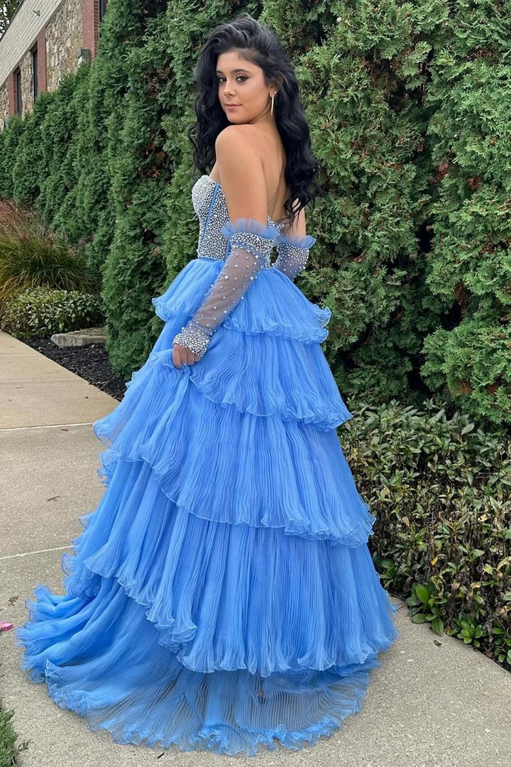 Lumidress White Tiered Tulle Off-Shoulder Ball Gown with Beaded Bodice