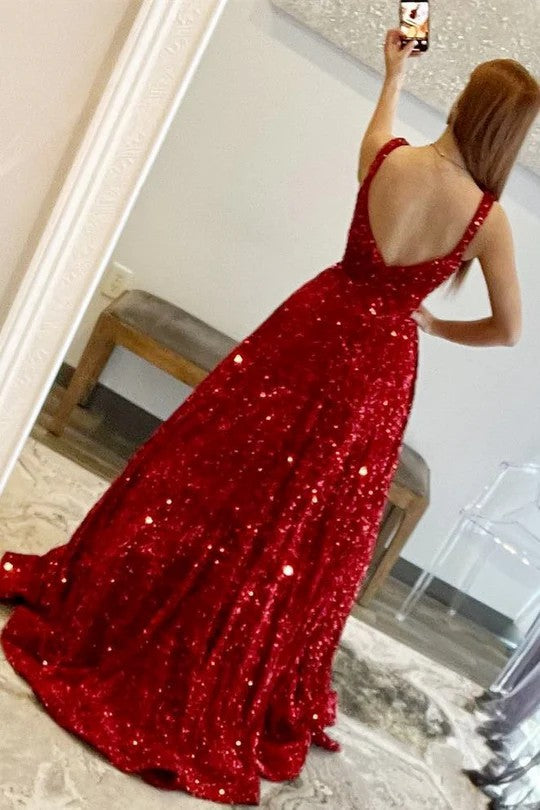 Lumidress Sparkling Sequin Square Neck Open Back Prom Dress with Sweep Train