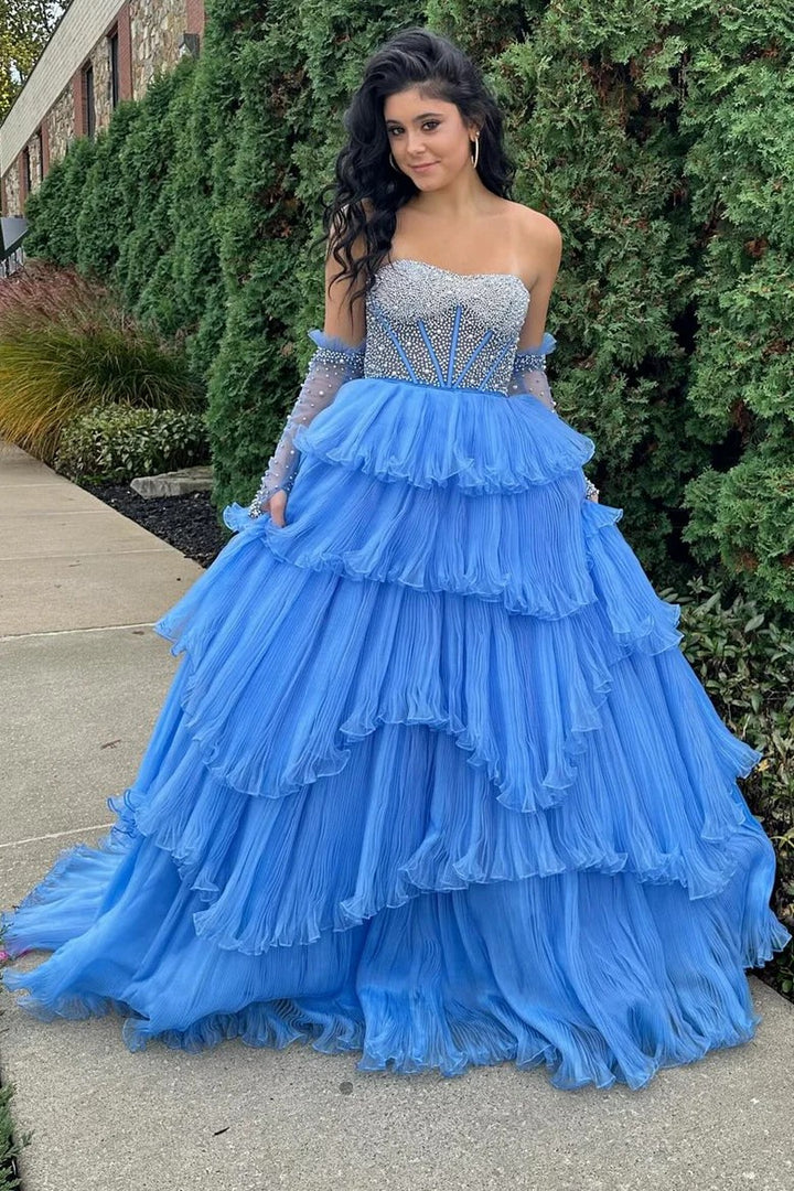 Lumidress White Tiered Tulle Off-Shoulder Ball Gown with Beaded Bodice