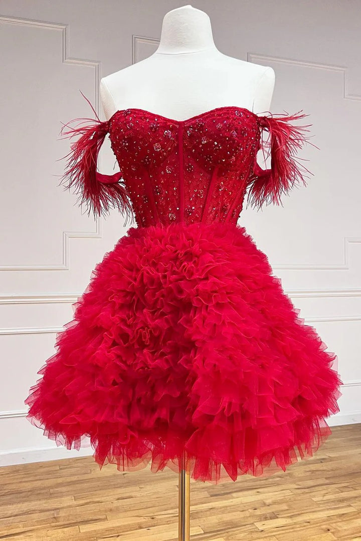 Lumidress Red Feather Sweetheart Tiered A-Line Mini Party Dress