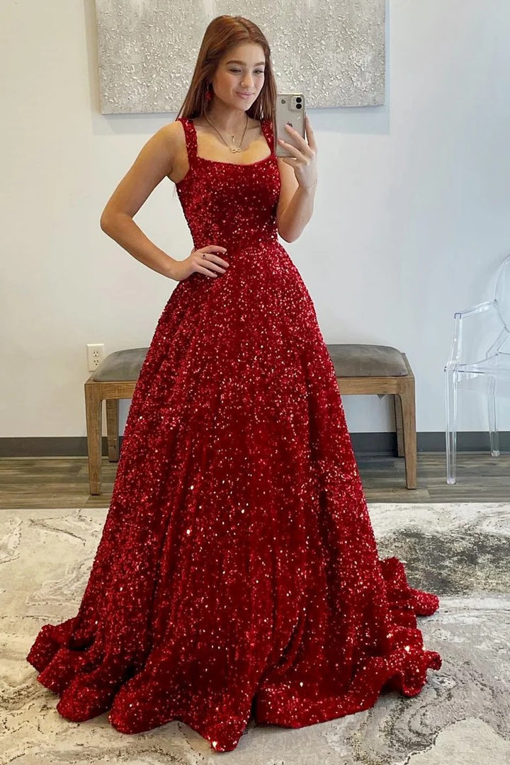 Lumidress Sparkling Sequin Square Neck Open Back Prom Dress with Sweep Train