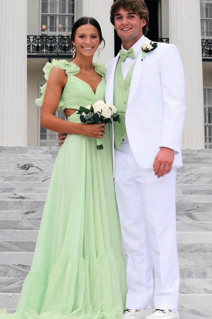 Lumidress V-Neck Ruffled Long Prom&Evening Dress with 3D Floral Shoulders