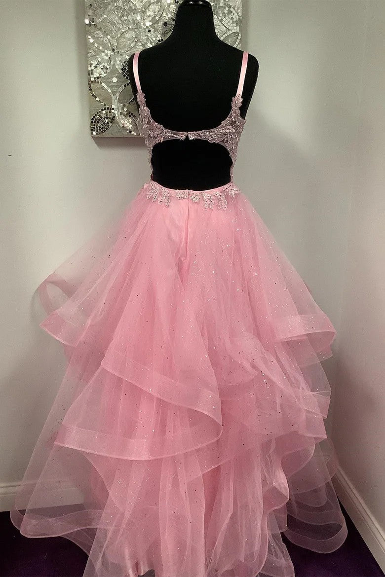 Lumidress Sparkling Pink Layered Tulle Ball Gown with Lace Appliqués