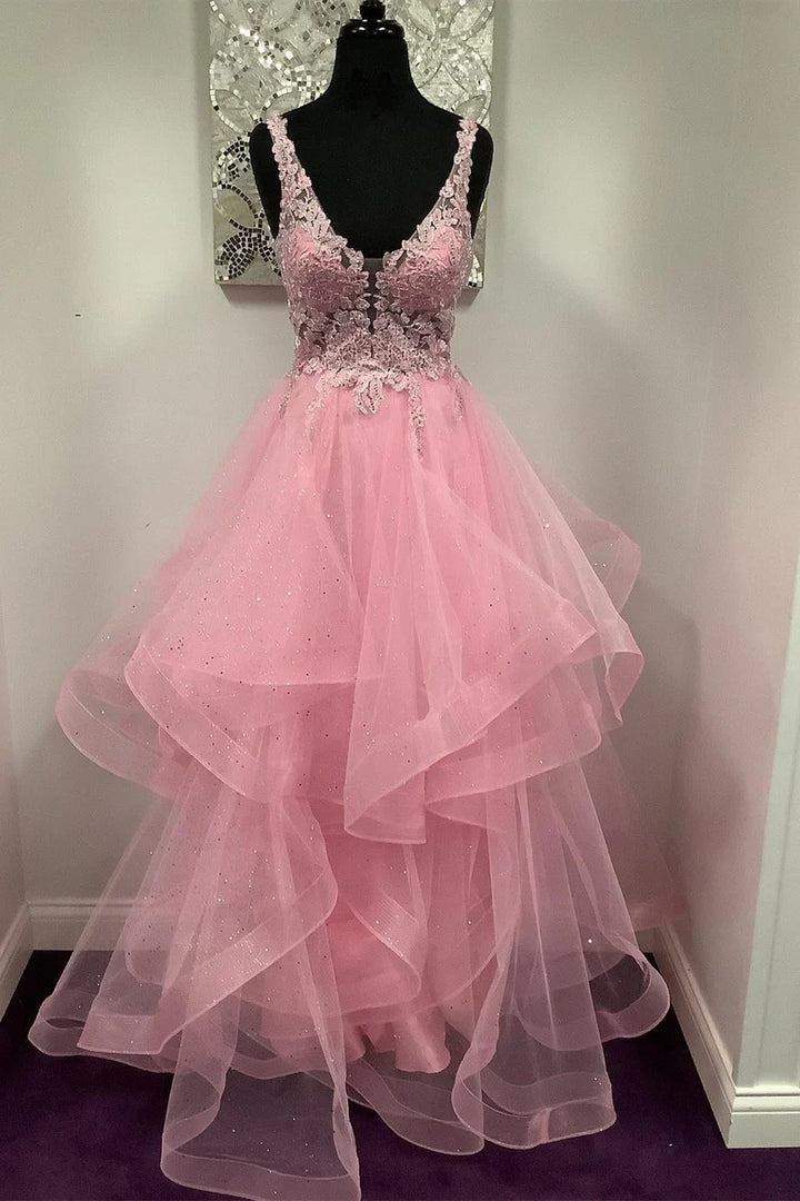 Lumidress Sparkling Pink Layered Tulle Ball Gown with Lace Appliqués