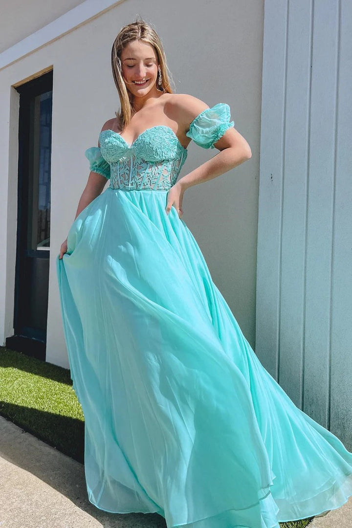 Lumidress Elegant Chiffon A-Line Prom Dress with Puff Sleeves and Floral Appliqué