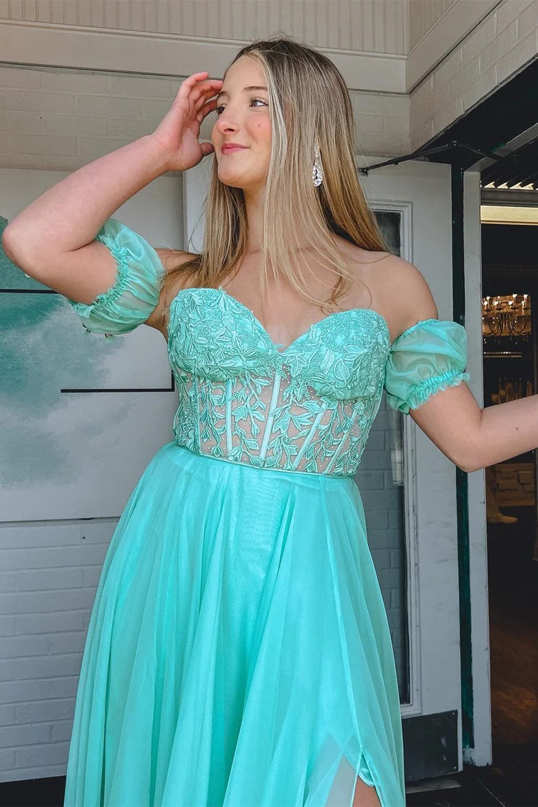 Lumidress Elegant Chiffon A-Line Prom Dress with Puff Sleeves and Floral Appliqué