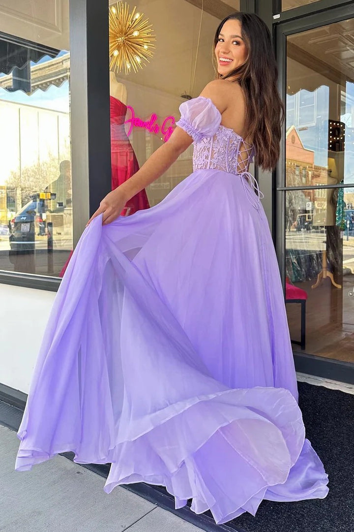 Lumidress Elegant Chiffon A-Line Prom Dress with Puff Sleeves and Floral Appliqué