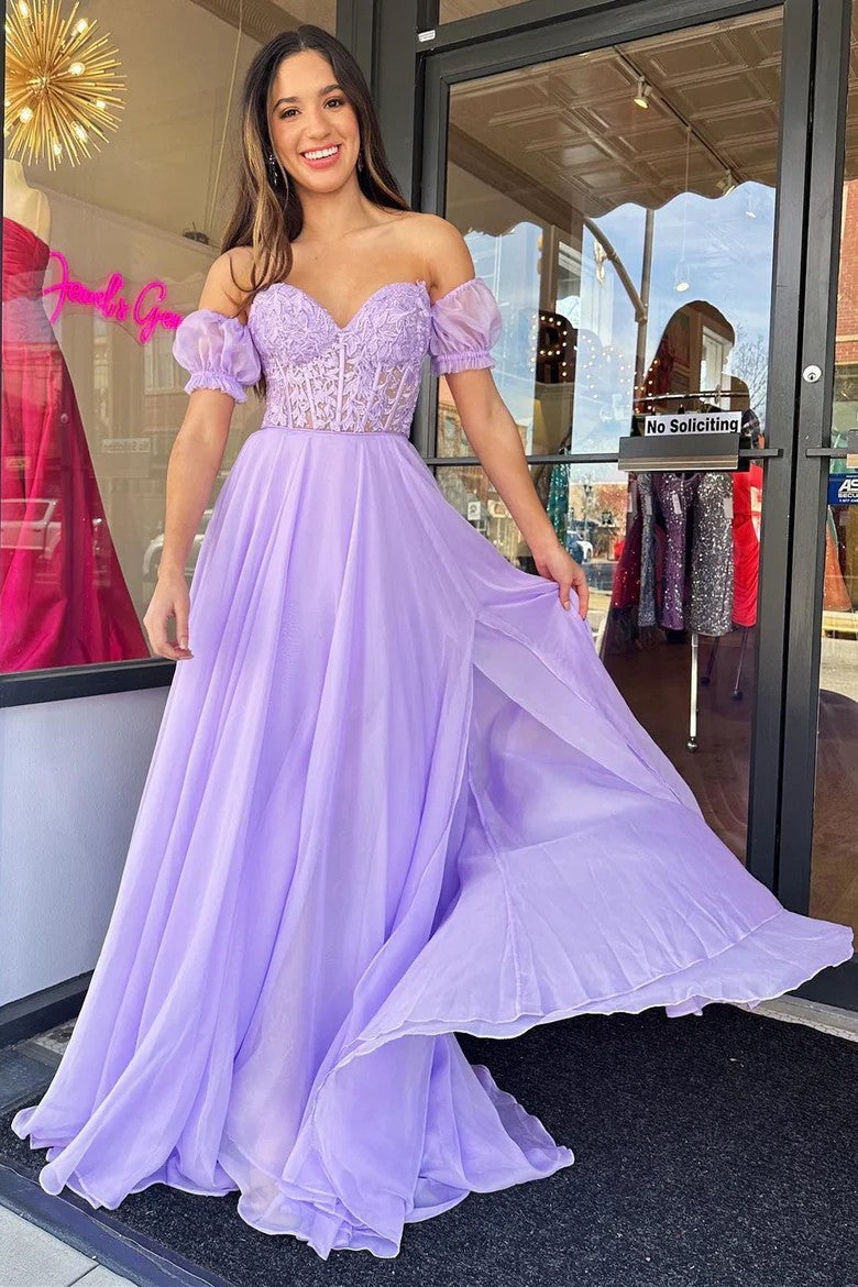 Lumidress Elegant Chiffon A-Line Prom Dress with Puff Sleeves and Floral Appliqué