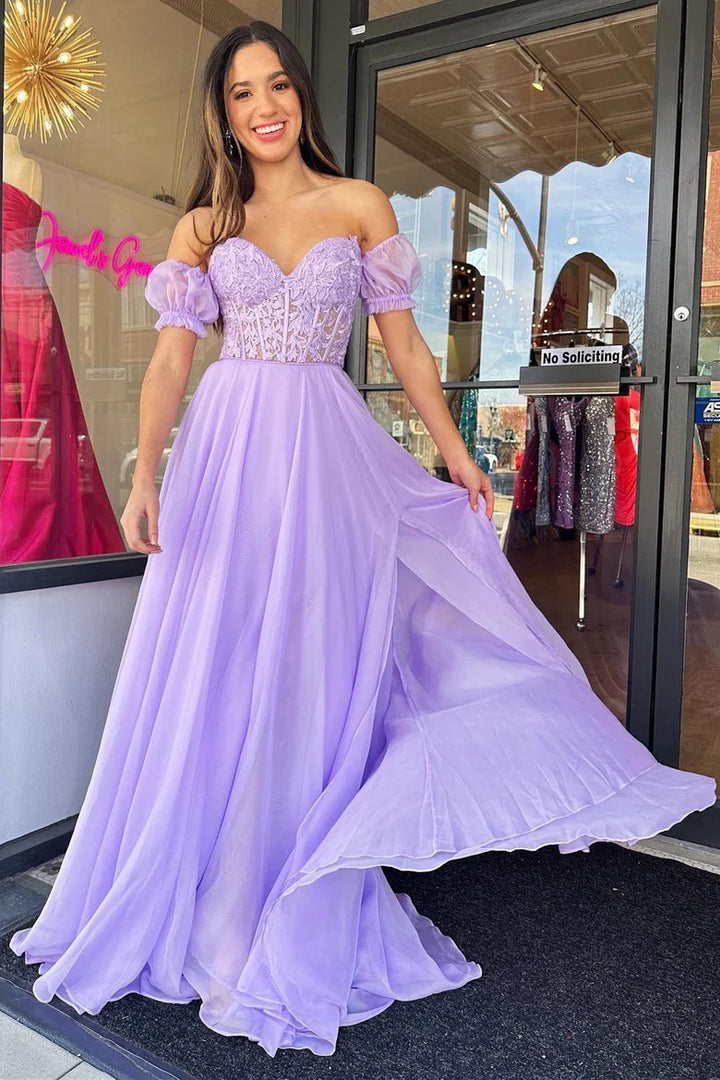 Lumidress Elegant Chiffon A-Line Prom Dress with Puff Sleeves and Floral Appliqué