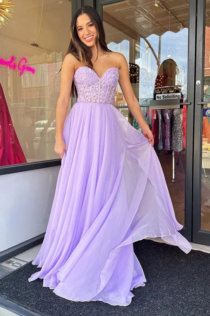 Lumidress Elegant Chiffon A-Line Prom Dress with Puff Sleeves and Floral Appliqué