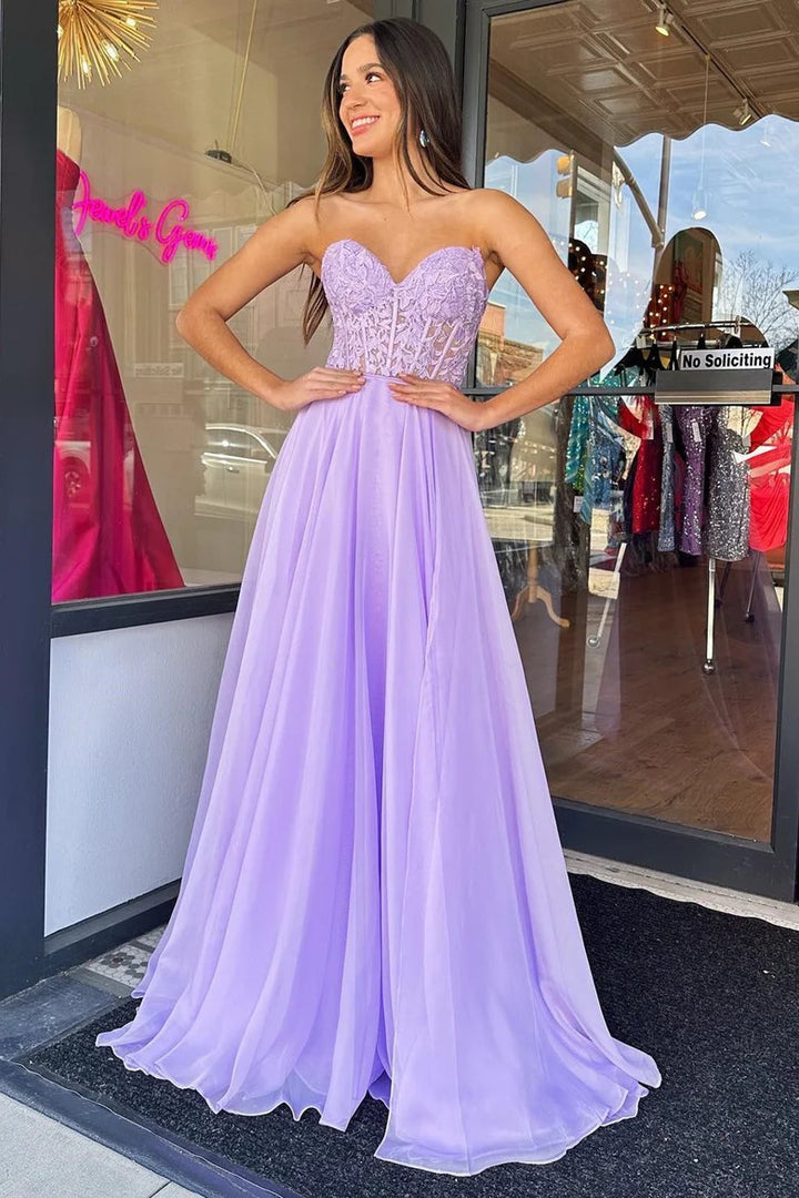 Lumidress Elegant Chiffon A-Line Prom Dress with Puff Sleeves and Floral Appliqué