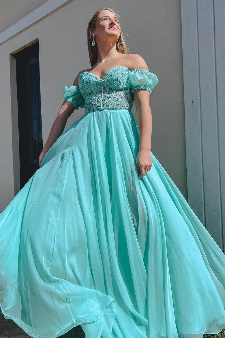 Lumidress Elegant Chiffon A-Line Prom Dress with Puff Sleeves and Floral Appliqué