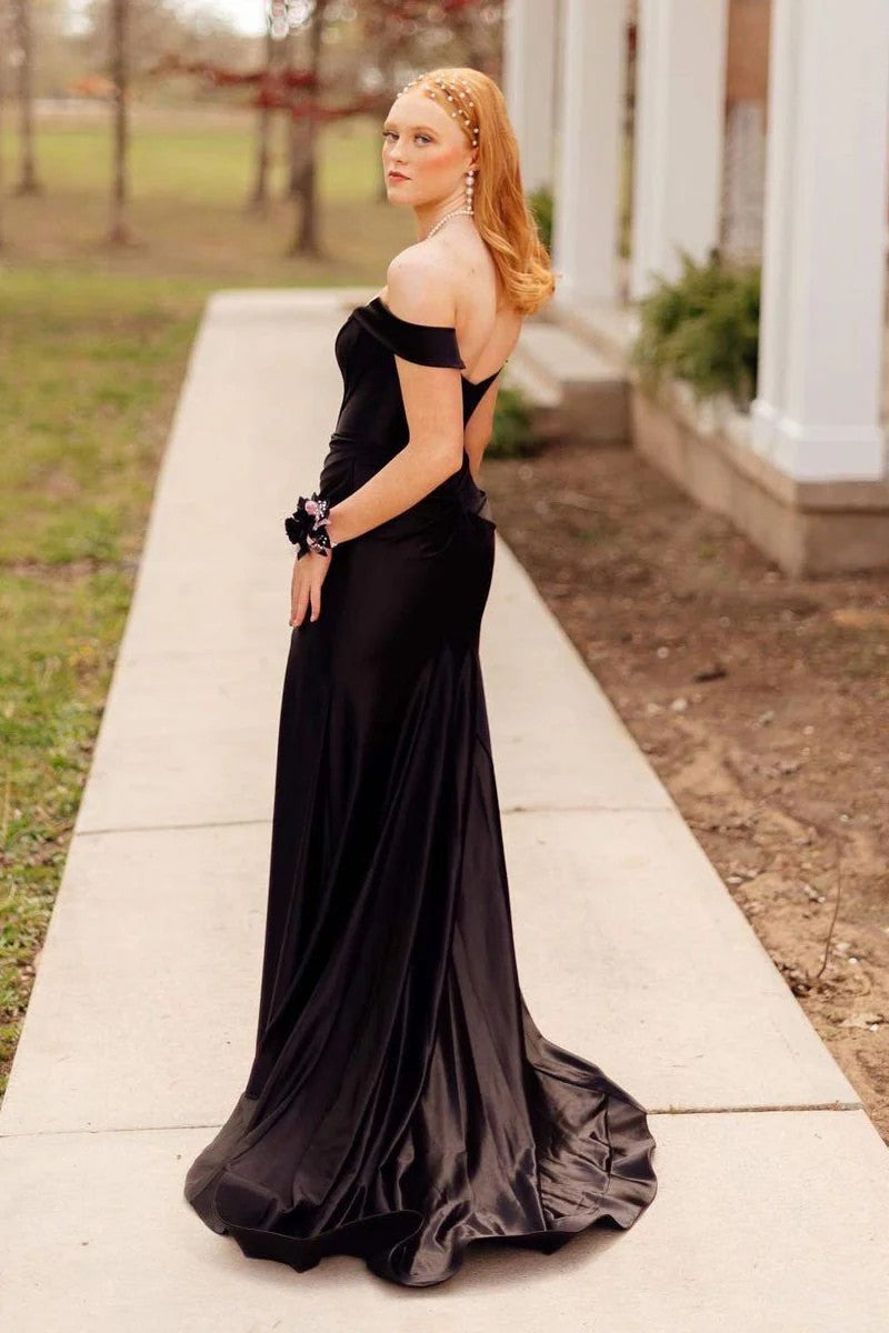 Lumidress Black Satin Off-the-Shoulder Mermaid Long Prom Dress