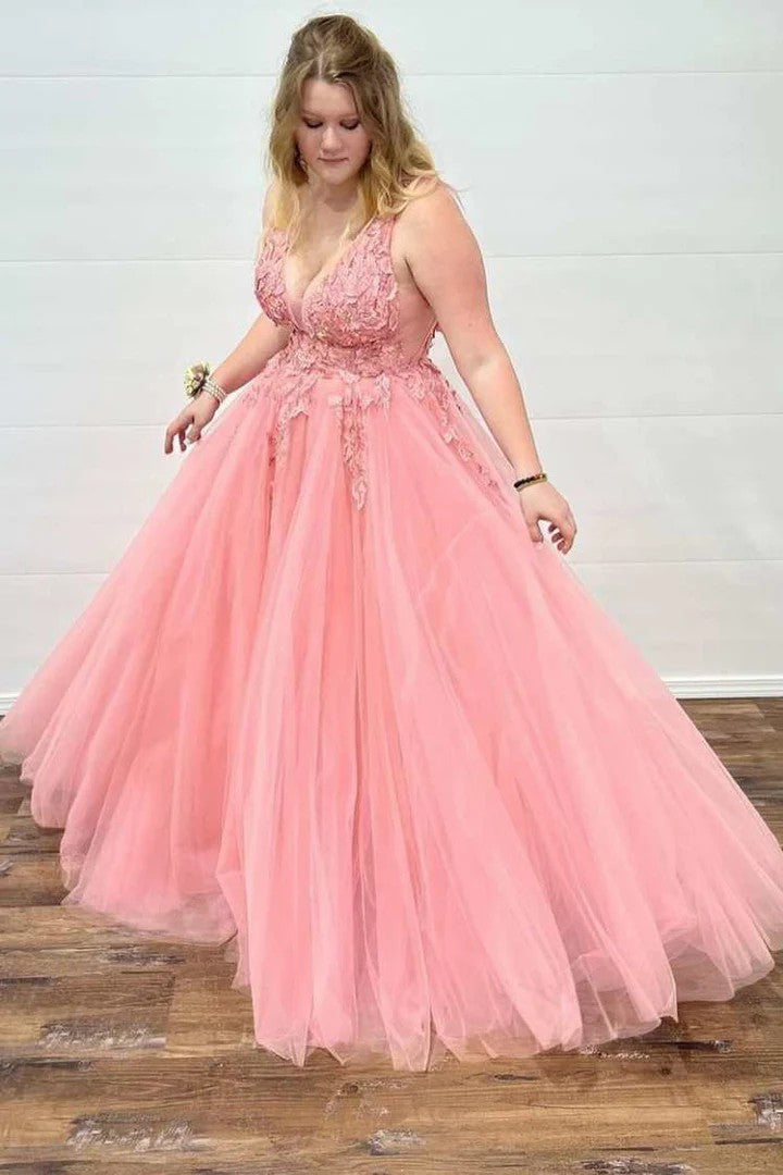 Lumidress Romantic V-Neck Backless A-Line Prom Gown with Floral Appliques