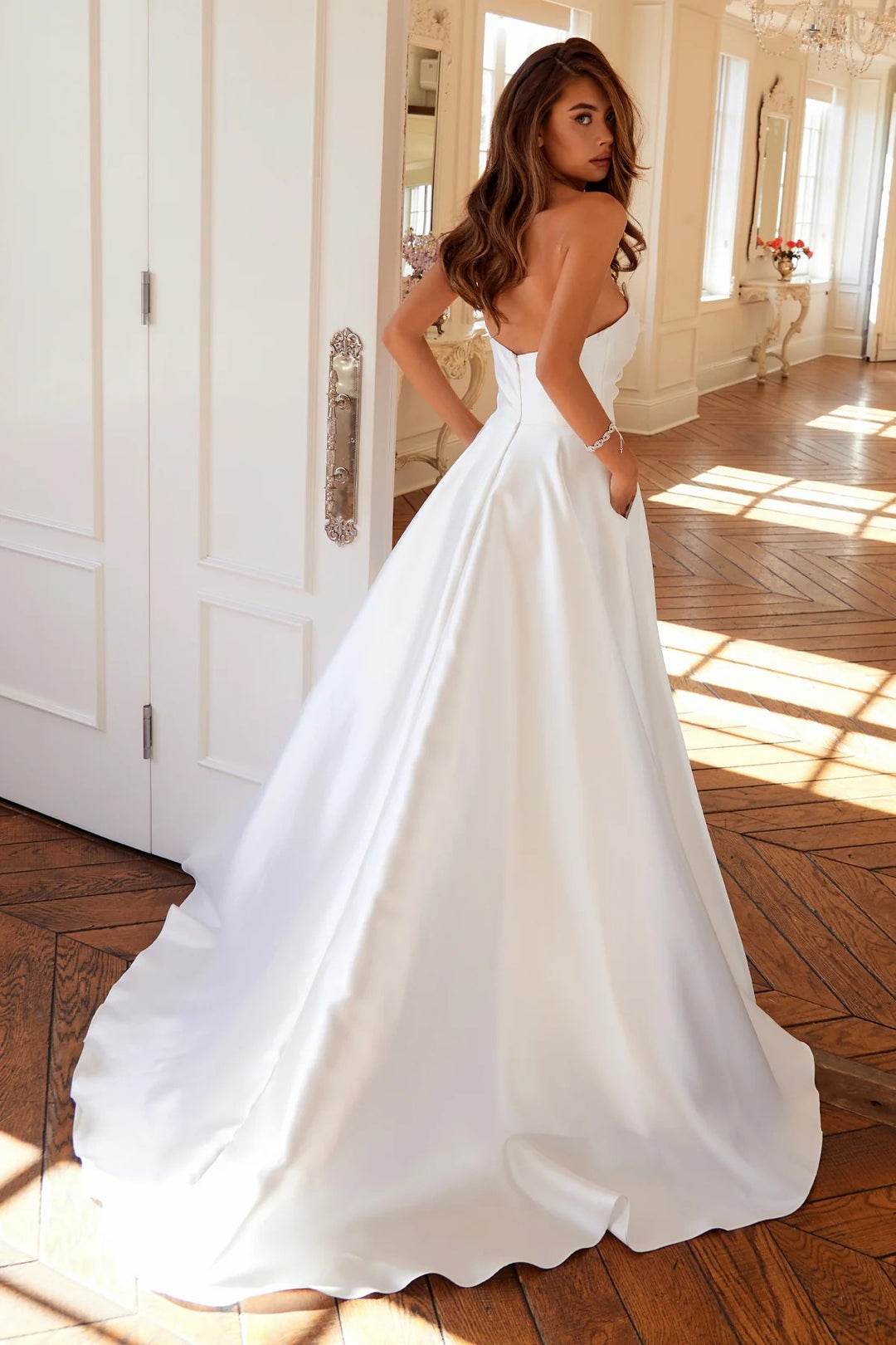 Lumidress White Satin Strapless A-Line Bridal Gown with High Slit