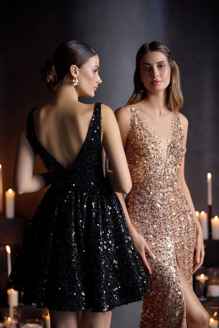 Lumidress Gorgeous Sequin V-Neck A-Line Formal Banquet Prom Dress