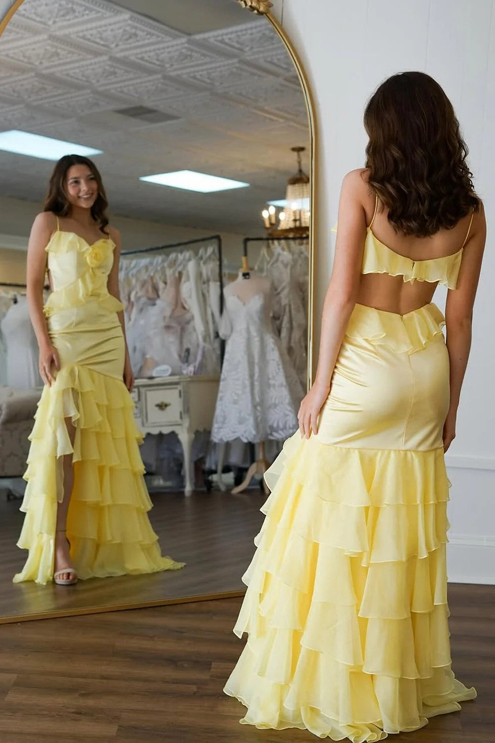 Lumidress Sunlit Romance Yellow Tiered Mermaid Evening Gown