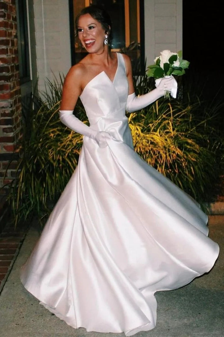 Lumidress White Satin One-Shoulder Asymmetrical A-Line Wedding Dress