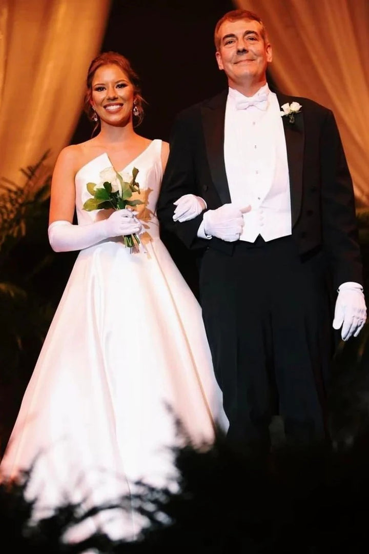 Lumidress White Satin One-Shoulder Asymmetrical A-Line Wedding Dress