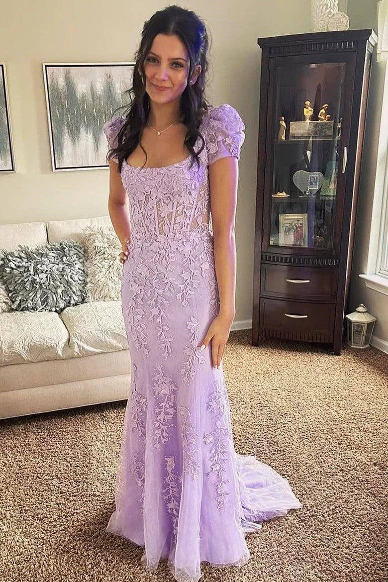 Lumidress Elegant White Lace Floral Appliqué Puff Sleeve Long Formal Dress