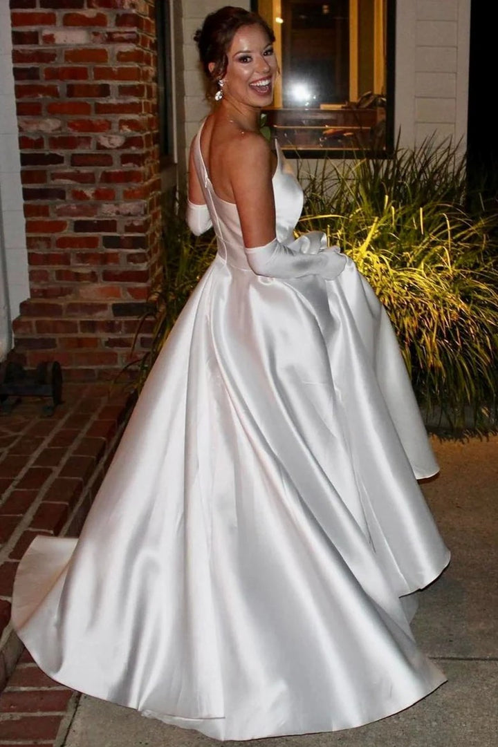 Lumidress White Satin One-Shoulder Asymmetrical A-Line Wedding Dress