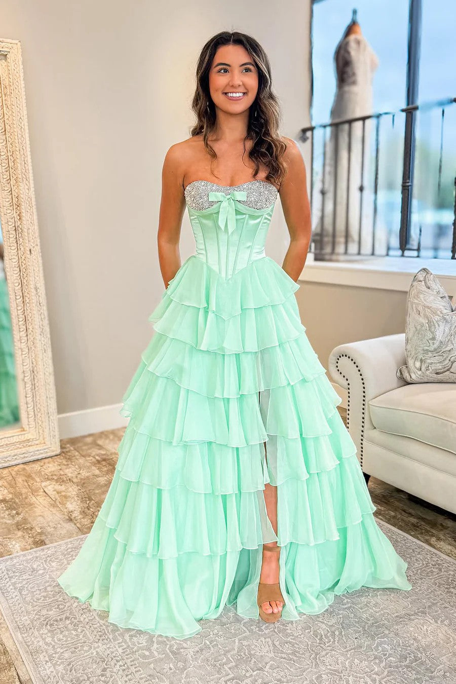Lumidress Elegant Mint A-Line Strapless Prom Dress in Tiered Chiffon with Beaded Details