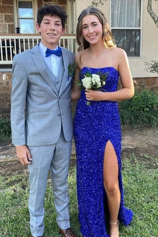 Lumidress Dazzling Gold Sequin Strapless Prom Dress with Side Slit