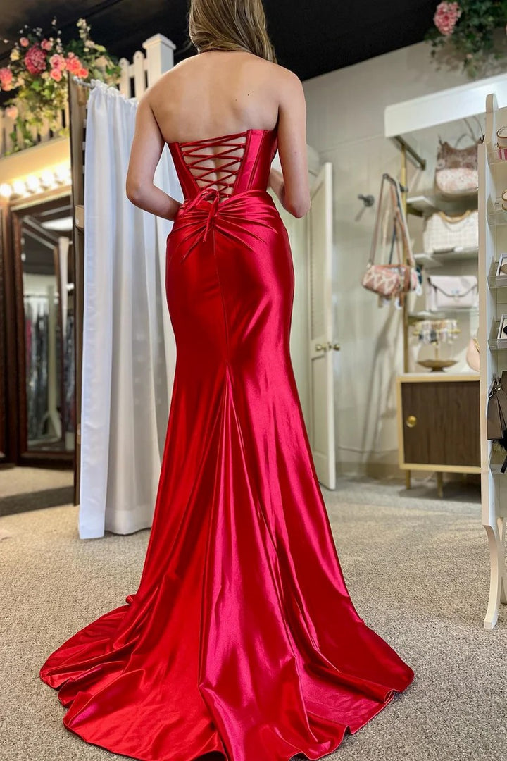 Lumidress Stunning Red Strapless Mermaid Evening Dress with Front Twist