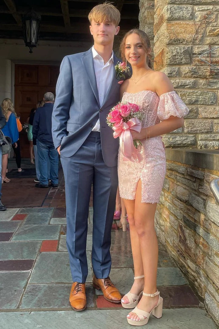 Lumidress Sparkling Sequin Lace Strapless Mini Dress with Puff Sleeves