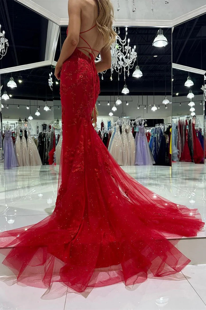 Lumidress Glamorous Red Tulle Mermaid Dress with Appliques and Corset Back