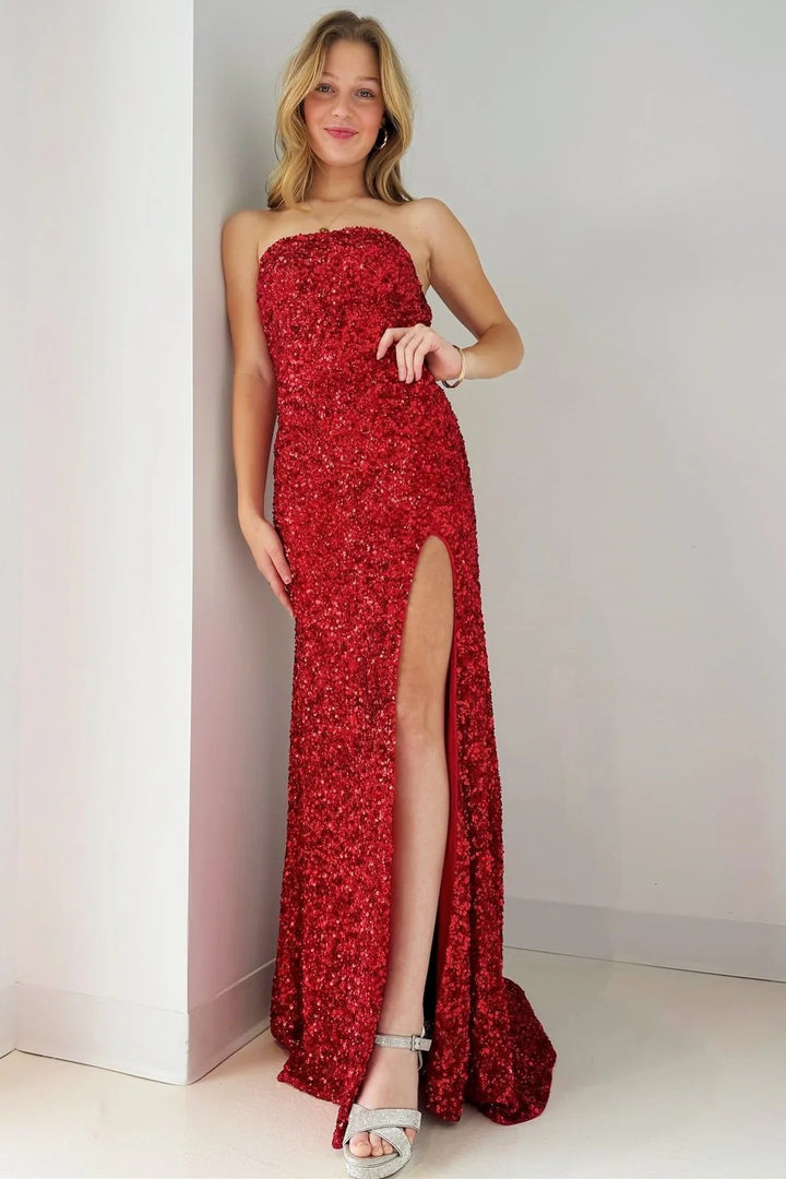Lumidress Dazzling Gold Sequin Strapless Prom Dress with Side Slit