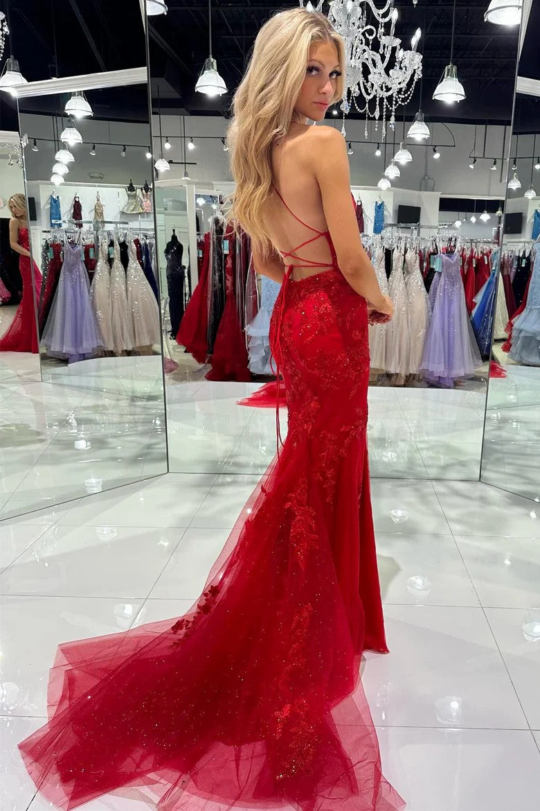 Lumidress Glamorous Red Tulle Mermaid Dress with Appliques and Corset Back